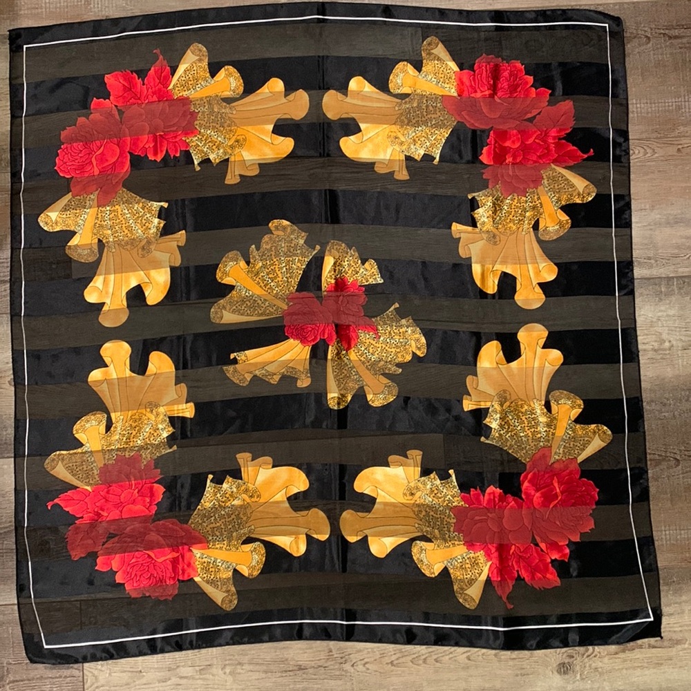 Silk Scarf wrap purchased in Spain. 40”x39”. Black, gold, red. No tags.